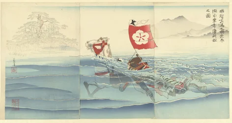 Veduta del pino di Karasaki mentre Akechi Samanosuke Mitsuharu attraversa il lago