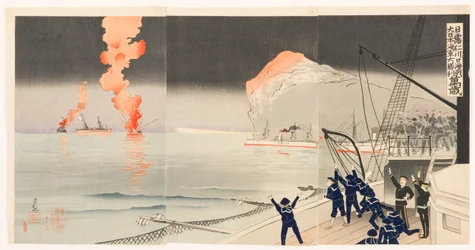 Hurrah per la grande vittoria della marina del Grande Giappone nella battaglia navale di Incheon tra Giappone e Russia