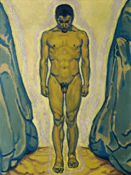 Giovane nudo in piedi tra le rocce