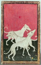 Tre cani da caccia, uno di un set di carte da gioco che raffigurano scene di caccia cortese, Alto Reno, c.1440-45