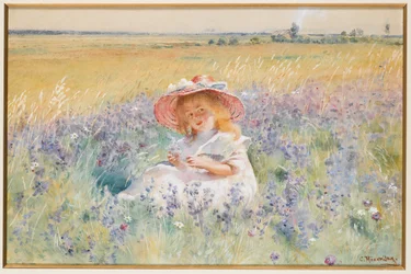 Una giovane ragazza in un campo di salvia, margherite e coda di volpe