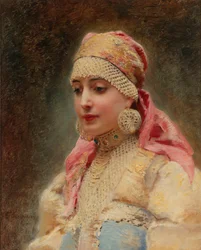 "Ritratto di donna boyarda" - Dipinto di Konstantin Yegorovich Makovsky (1839-1915), olio su tela, circa 1890