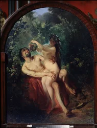 Satiro e ninfa. Coppia nuda e ubriaca, la ninfa sulle ginocchia del satiro lo nutre con un grappolo d