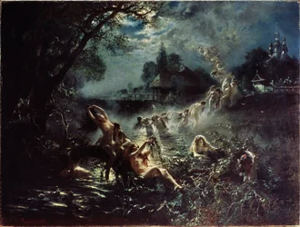 Sirene. La notte, donne nude intrecciano corone in un fiume, poi formano una catena e si sollevano nel cielo prima di mescolarsi alle nuvole. Dipinto di Konstantin Yegorovich Makovsky