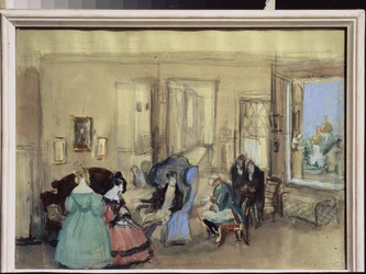 Una scena della commedia "Il Revisore" di Nikolaj Gogol (1809-1852) - Opera di Konstantin Ivanovich Rudakov (1891-1949)