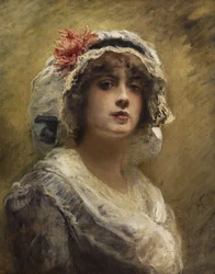 Konstantin Makovsky Ritratto di ragazza con cappellino di stoffa bianca