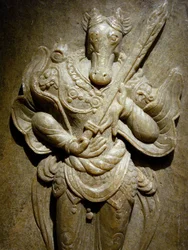 Ornamento funerario, cavallo dello zodiaco in agalmatolite, VIII secolo, periodo dei Regni del Nord e del Sud, Corea. Fotografia, Museo nazionale della Corea, Seul, Repubblica di Corea