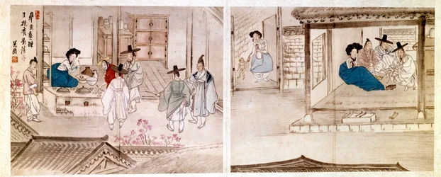 Arte coreana: scene nella casa di una geisha. Stampa del 1758. Collezione privata.