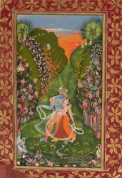 Radha e Krishna passeggiano in un boschetto fiorito recto, Krishna che suona il flauto verso, c. 1720 r, c. 1750-75 v