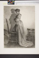 Marie Grubbe, poco dopo il divorzio da Ulrik Frederik Gyldenløve. Figura intera in piedi di profilo verso sinistra