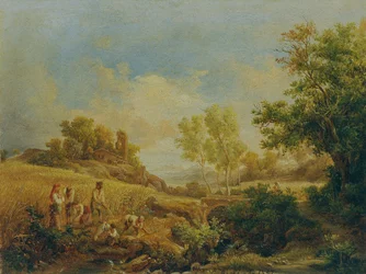 Paesaggio con raccolta del fieno