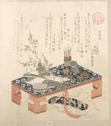 «Scrivania con set da scrittura e fiori di susino», dalla serie Calendari Ise per il gruppo di Asakusa (Asakusa-gawa Ise goyomi). Dalla raccolta Pioggia di primavera (Harusame shū), vol. 2