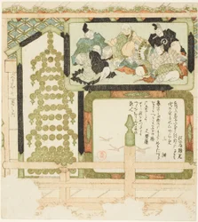 N. 7: dipinti votivi di sei poeti immortali, oche volanti e una pagoda fatta di monete, dalla serie "Sette immagini per l