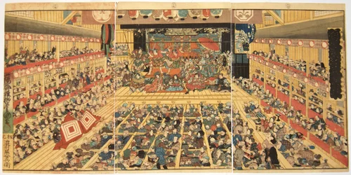 Odori-keiyo Edo-e no Sakae: Interno del teatro con performance di Shibaraku, 1858