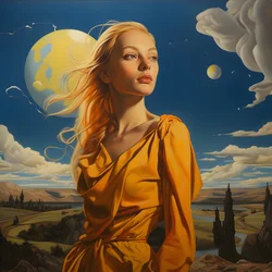 donna Sami di 35 anni con falce di luna, sorriso misterioso, viso e corpo leggermente di lato, lunghi capelli biondi 1