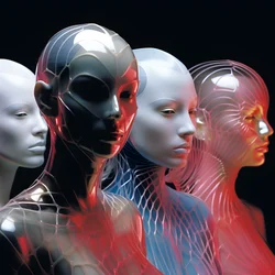 6 donne con maschere di plastica fluorescenti parametriche 3d in un