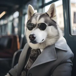 Un cane Siberian Husky in abito e occhiali da sole alla stazione degli autobus, come un gentiluomo 1