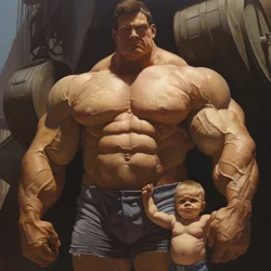 Sollevatore di pesi intimidatorio e cattivo, Freak di steroidi, bambino muscoloso con uomo muscoloso gigante