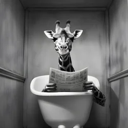 Giraffa felice seduta sul gabinetto con giornale 1