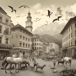 Innsbruck in una vecchia fotografia con zebre eleganti, gabbiani, scimmie e figure di argilla. 1