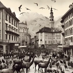 Innsbruck in una vecchia fotografia con zebre eleganti, gabbiani, scimmie e figure di argilla. 4