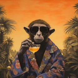 Primo piano di una scimmia cool in un kimono giapponese, con occhiali da sole, in un paesaggio tropicale 4