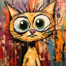 Neo-espressionismo di un gatto dei cartoni animati che guarda curiosamente 3