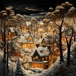 Un villaggio di notte sotto alberi innevati 1