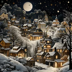 Un villaggio di notte sotto alberi innevati 2