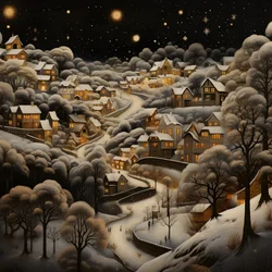 Un villaggio di notte sotto alberi innevati 3