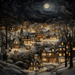 Un villaggio di notte sotto alberi innevati 4