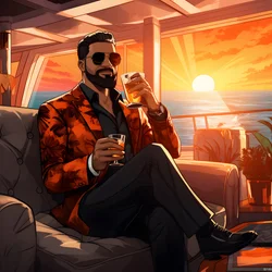 Un uomo ricco, ben vestito, siede su una nave da crociera privata e beve un cocktail 3