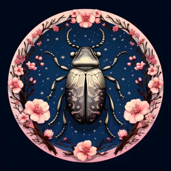 Illustrazione di uno scarabeo con funghi sullo sfondo 1