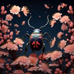 Illustrazione di uno scarabeo con funghi sullo sfondo 2