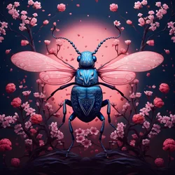 Illustrazione di uno scarabeo con funghi sullo sfondo 3