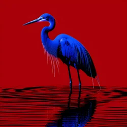 Arte digitale synthwave di un airone blu cobalto esotico su carta rossa 2