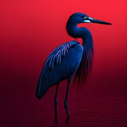 Arte digitale synthwave di un airone blu cobalto esotico su carta rossa 3