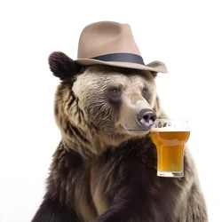un orso con un cappello a cilindro e una birra di fronte e di profilo su sfondo bianco