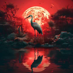 acqua e un grande uccello al tramonto con luna piena 4