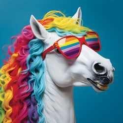 Cavallo bianco con occhiali arcobaleno su sfondo blu 1