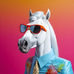 Cavallo bianco con occhiali arcobaleno su sfondo blu 3