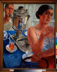 Intorno al samovar. (Scena di vita quotidiana, una coppia prende il tè)