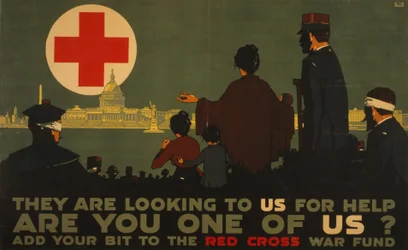 Ci guardano per chiedere aiuto, manifesto della Prima Guerra Mondiale per la Croce Rossa
