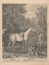 Una serie di sette, senza titolo, ciascuno dedicato: Al Diritto Onorevole. Thomas Lord Viscount Weymouth...dalla pittura originale a Long Leat Hall. [Due cavalieri vicino a una fattoria che chiedono indicazioni a un contadino; un pozzo a sinistra, con una 