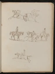 Sei studi di cavalli con vari cavalieri maschi in varie pose, uno con pistola alzata