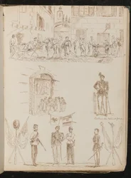 Scena cittadina con soldati che bevono, studio di una bancarella del mercato, studio di una guardia nazionale piemontese, studio di quattro soldati e bandiere incrociate