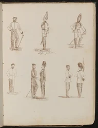 Otto studi di soldati in piedi in uniforme, iscritti "Guardie della Vita"