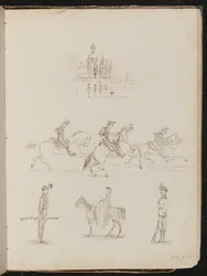 Cinque studi di una chiesa, soldati in abito completo a cavallo, un soldato di guardia e uno studio di donna che cavalca all