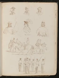 Quattro studi di busti maschili, due di una donna con parasole, studio di gruppo di uomini e donne a cavallo, studio di gruppo di soldati