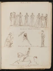 "Banda tedesca alla parata", studio di un uomo seduto con boccale e pipa, "Testa di una giovane signora alla moda" e "un maestro di equitazione"